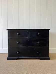 A Low English Ebonized Black Chest of Drawers Dresser with Wooden Knobs c1890