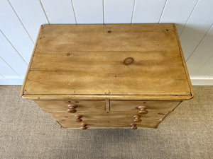 A Charming English Pine Deep and Low Chest of Drawers Dresser with Wooden Knobs c1890