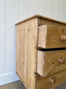 A Charming English Pine Deep and Low Chest of Drawers Dresser with Wooden Knobs c1890