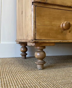 A Charming English Pine Deep and Low Chest of Drawers Dresser with Wooden Knobs c1890