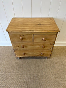 A Charming English Pine Deep and Low Chest of Drawers Dresser with Wooden Knobs c1890