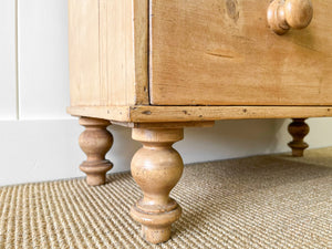 A Charming English Pine Deep and Low Chest of Drawers Dresser with Wooden Knobs c1890