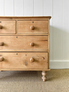 A Charming English Pine Deep and Low Chest of Drawers Dresser with Wooden Knobs c1890