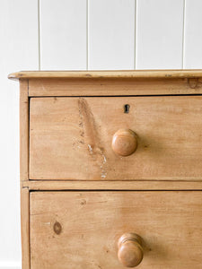 A Charming English Pine Deep and Low Chest of Drawers Dresser with Wooden Knobs c1890