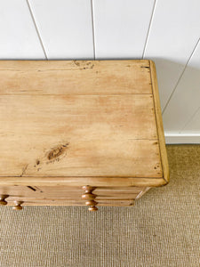 A Charming English Pine Deep and Low Chest of Drawers Dresser with Wooden Knobs c1890