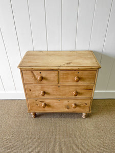 A Charming English Pine Deep and Low Chest of Drawers Dresser with Wooden Knobs c1890