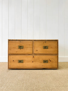 An Antique Low English Pine Chest of Drawers or Bank of Drawers with Campaign Brasses c1890