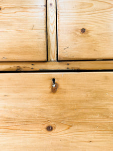 An Antique Low English Pine Chest of Drawers or Bank of Drawers with Campaign Brasses c1890