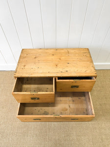 An Antique Low English Pine Chest of Drawers or Bank of Drawers with Campaign Brasses c1890