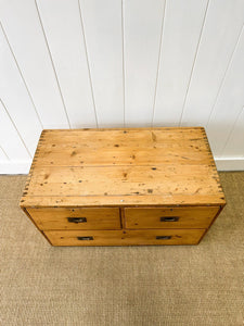 An Antique Low English Pine Chest of Drawers or Bank of Drawers with Campaign Brasses c1890