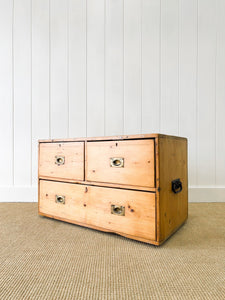 An Antique Low English Pine Chest of Drawers or Bank of Drawers with Campaign Brasses c1890