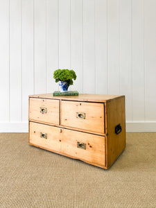 An Antique Low English Pine Chest of Drawers or Bank of Drawers with Campaign Brasses c1890