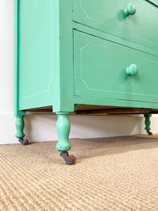 An Antique English Emerald Green Chest of Drawers Dresser on Castors c1890