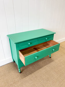 An Antique English Emerald Green Chest of Drawers Dresser on Castors c1890