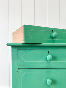 An Antique English Emerald Green Chest of Drawers Dresser on Castors c1890