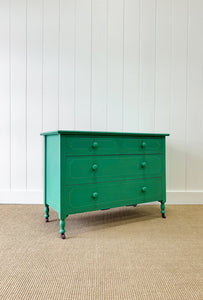 An Antique English Emerald Green Chest of Drawers Dresser on Castors c1890