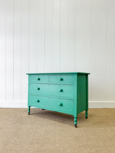 An Antique English Emerald Green Chest of Drawers Dresser on Castors c1890