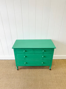 An Antique English Emerald Green Chest of Drawers Dresser on Castors c1890