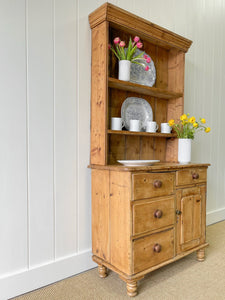 A Beautiful Pine Welsh Dresser or Cupboard with Wood Hardware on Tulip Feet c1890