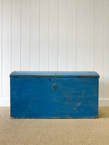 Antique English Painted Blue Pine Blanket Box  c1850