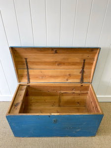 Antique English Painted Blue Pine Blanket Box  c1850