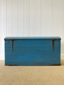 Antique English Painted Blue Pine Blanket Box  c1850