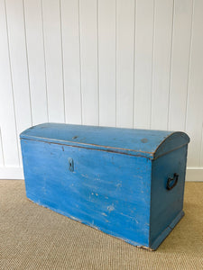 Antique English Painted Blue Pine Blanket Box  c1850