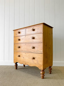 A Large English Pine Chest of Drawers Dresser with Wooden Knobs on Tulip Feet c1890