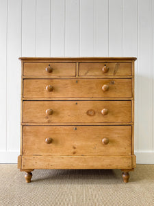 A Large English Pine Chest of Drawers Dresser with Wooden Knobs on Tulip Feet c1890