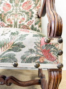 A Lovely Pair of Antique French Walnut Upholstered Arm Chairs c1850