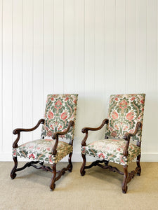 A Lovely Pair of Antique French Walnut Upholstered Arm Chairs c1850