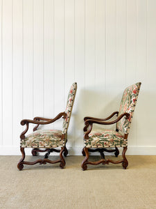 A Lovely Pair of Antique French Walnut Upholstered Arm Chairs c1850