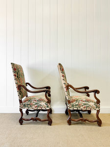 A Lovely Pair of Antique French Walnut Upholstered Arm Chairs c1850