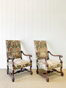 A Lovely Pair of Antique French Walnut Upholstered Arm Chairs c1850