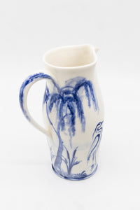 A Vintage English Blue and White Hand-painted Pitcher with Heron in Pond