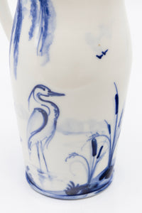 A Vintage English Blue and White Hand-painted Pitcher with Heron in Pond