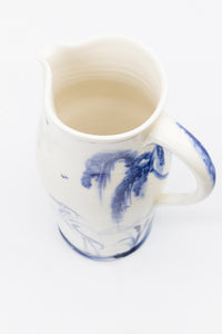 A Vintage English Blue and White Hand-painted Pitcher with Heron in Pond