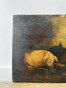 19th Century Pig Painting Oil on Board