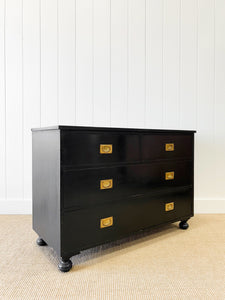 An Ebonized Antique English Chest of Drawers with Campaign Brasses c1890